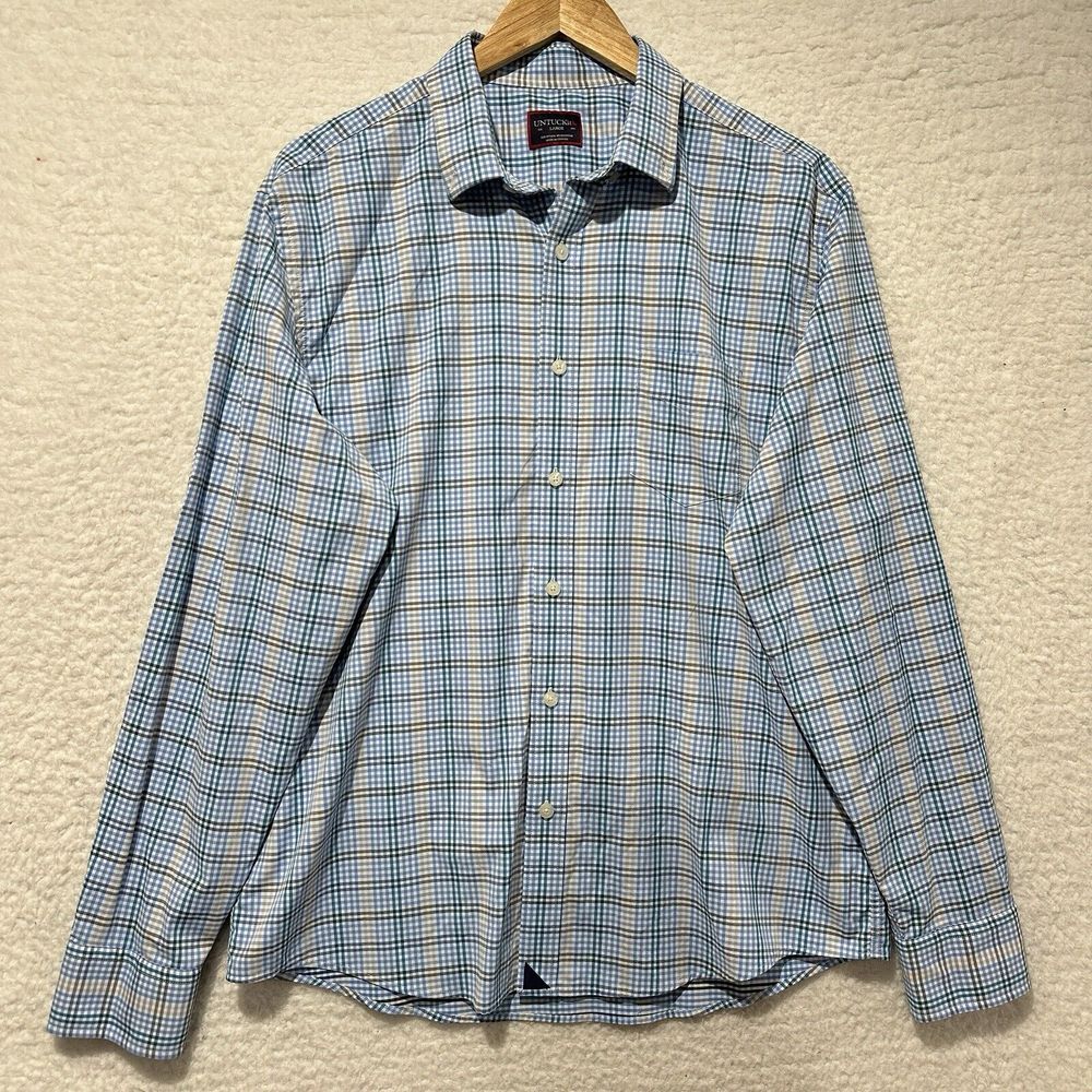 Untuckit Scansano Mens Multicolor Plaid Long Sleeve Shirt Nylon Button Down Sz L